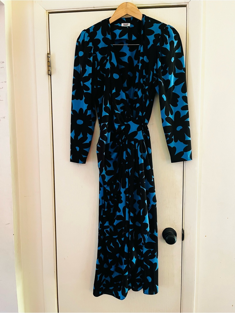 Vintage Rodier Paris Maxi Dress Black Blue Floral 70s 80s French Boho Mod
